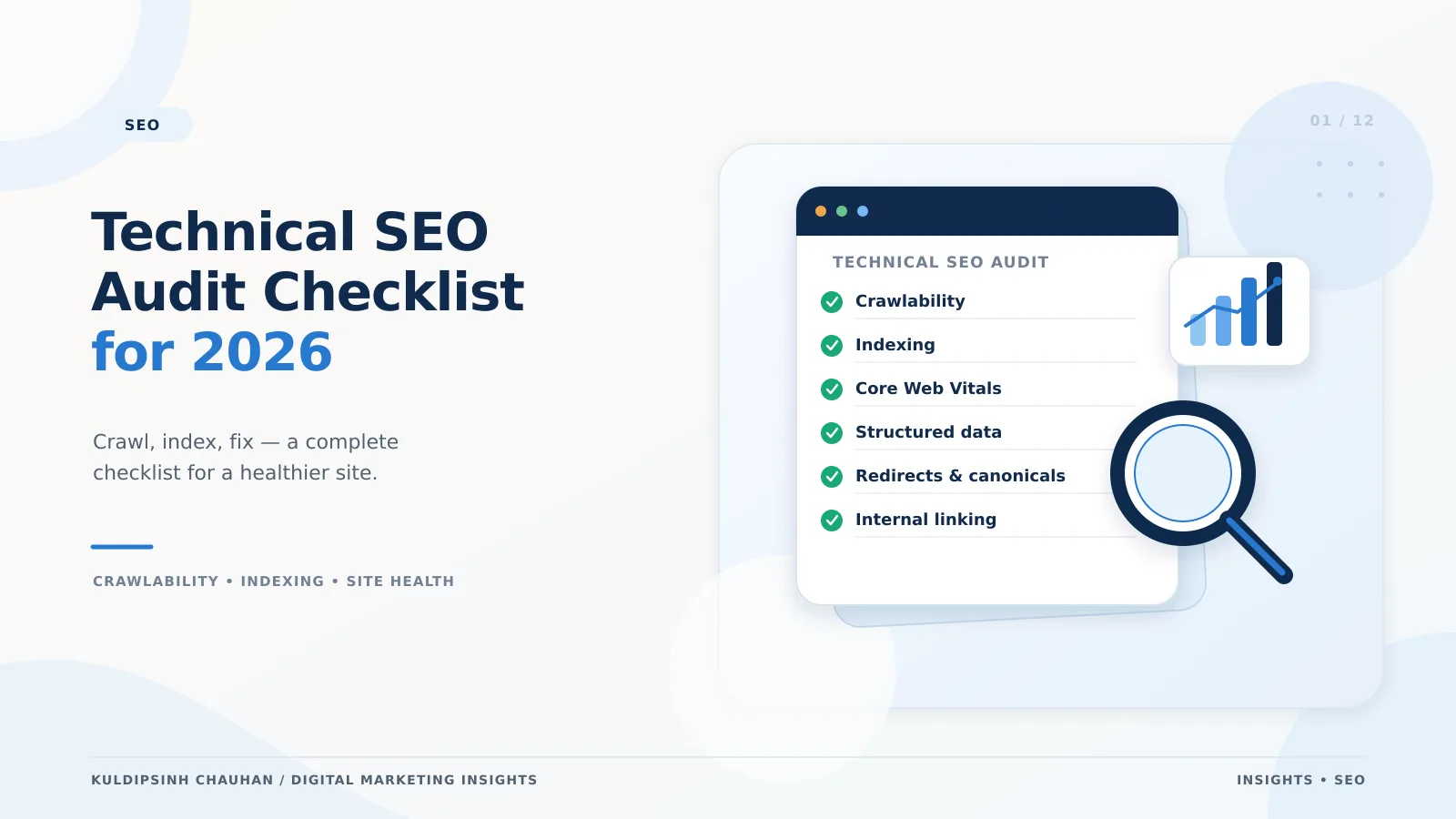 Technical SEO audit checklist for 2026 Technical SEO audit checklist 2026 banner showing crawling, indexing, canonical and Core Web Vitals checks